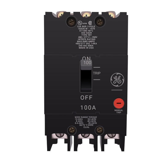 General Electric 100A 3-Pole 480V Bolt-On Molded Case Circuit Breaker, 14kA Interrupt Rating