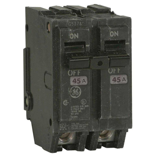 General Electric 45 Amp 2 Pole 240V Plug-In Molded Case Circuit Breaker, THQL Series, Thermal Magnetic Trip, 10kA Interrupt Rating, UL Listed
