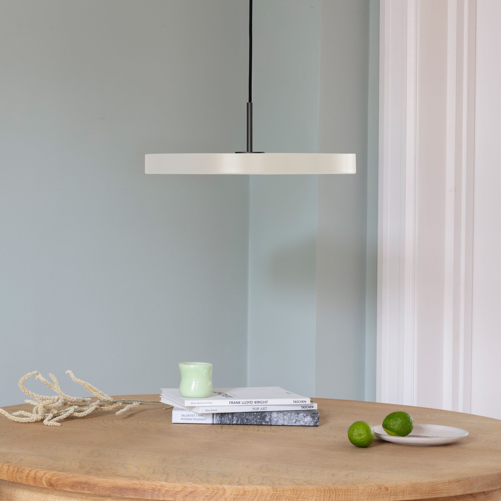 UMAGE Asteria LED Pendant in Pearl White with Black Connector — styled interior view