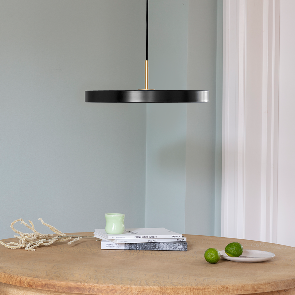 UMAGE Asteria LED Pendant in Black with Brass Connector — styled interior view