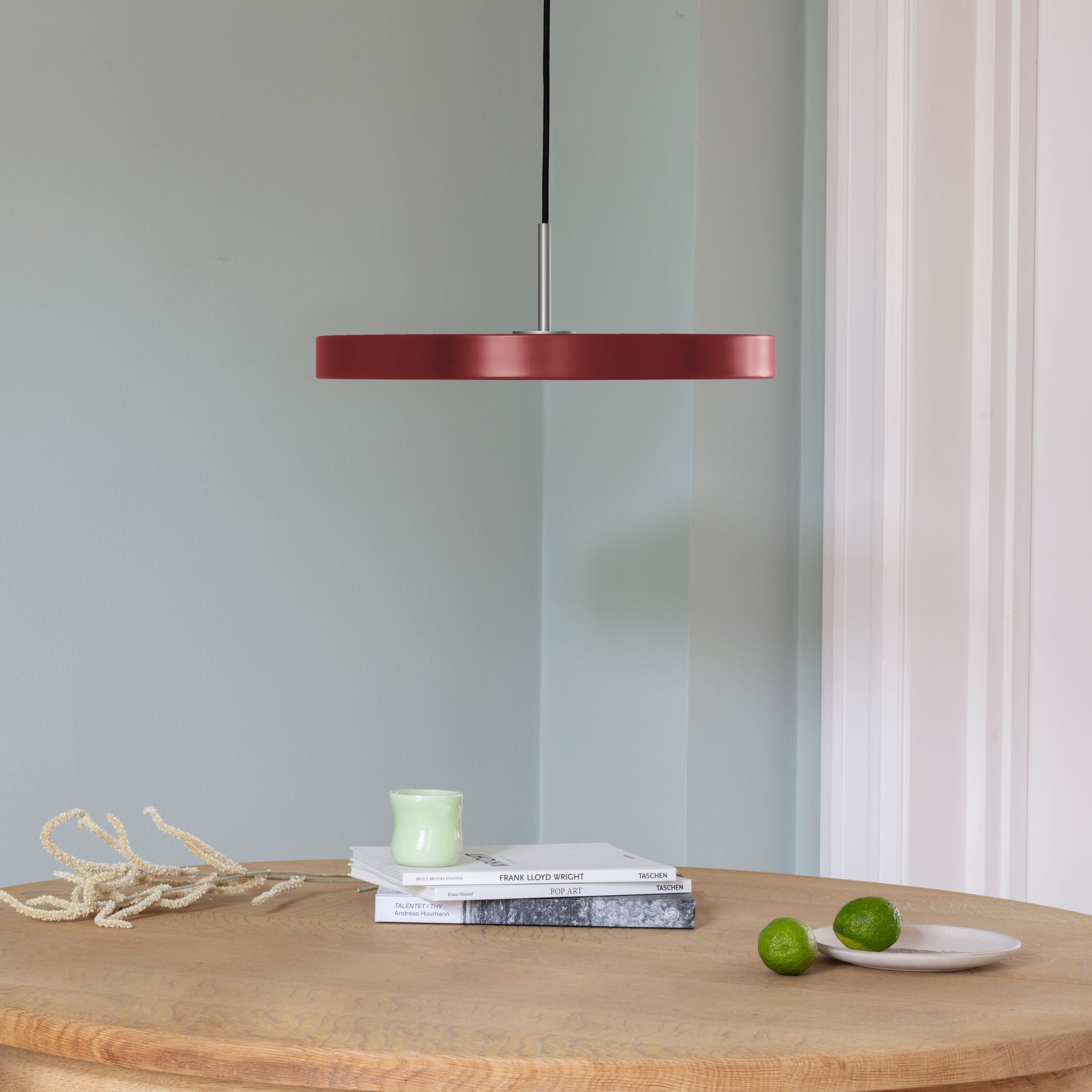 UMAGE Asteria LED Pendant in Ruby Red with Steel Connector — styled interior view
