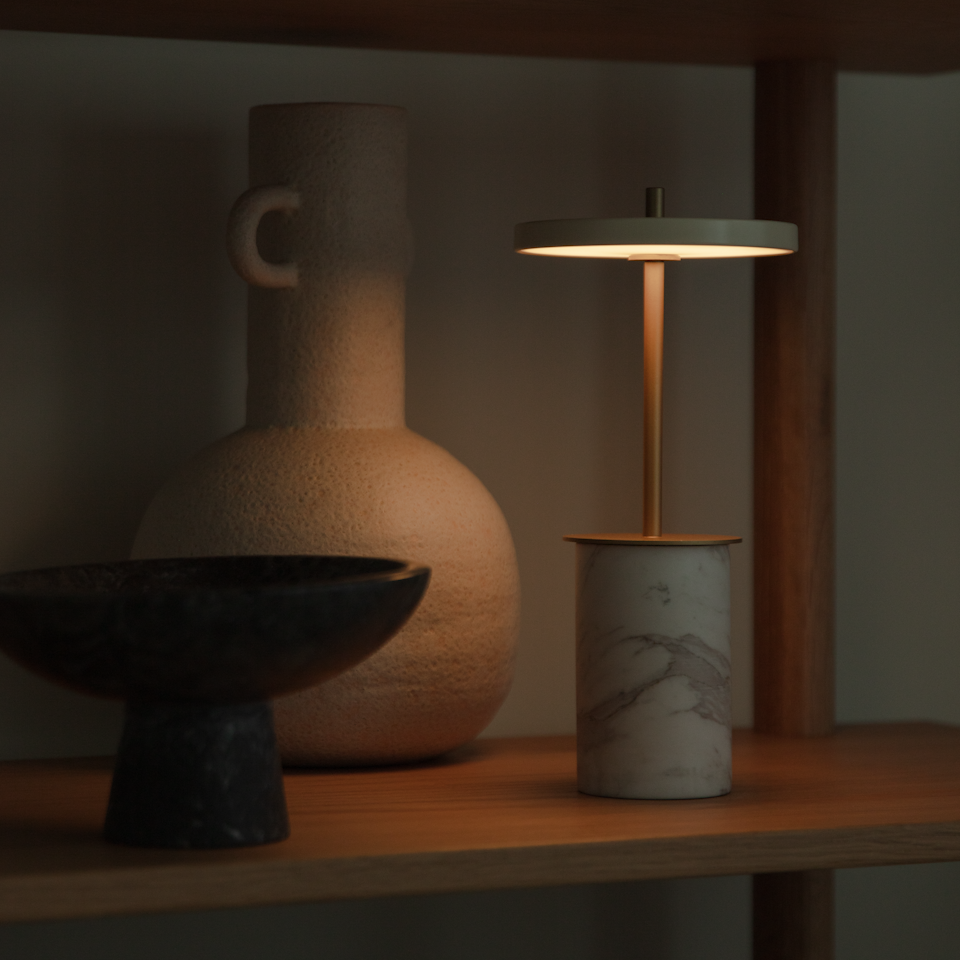 UMAGE Asteria Move Mini Portable Table Lamp - White — styled interior view 2