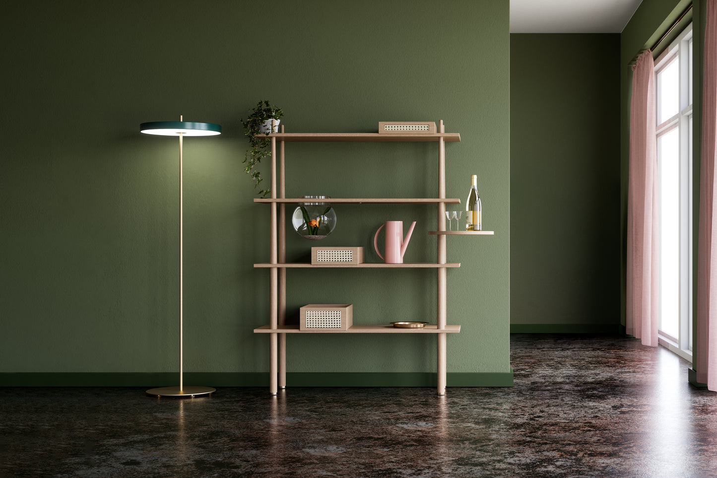 UMAGE Asteria LED Floor Lamp in Forest Green — styled interior view