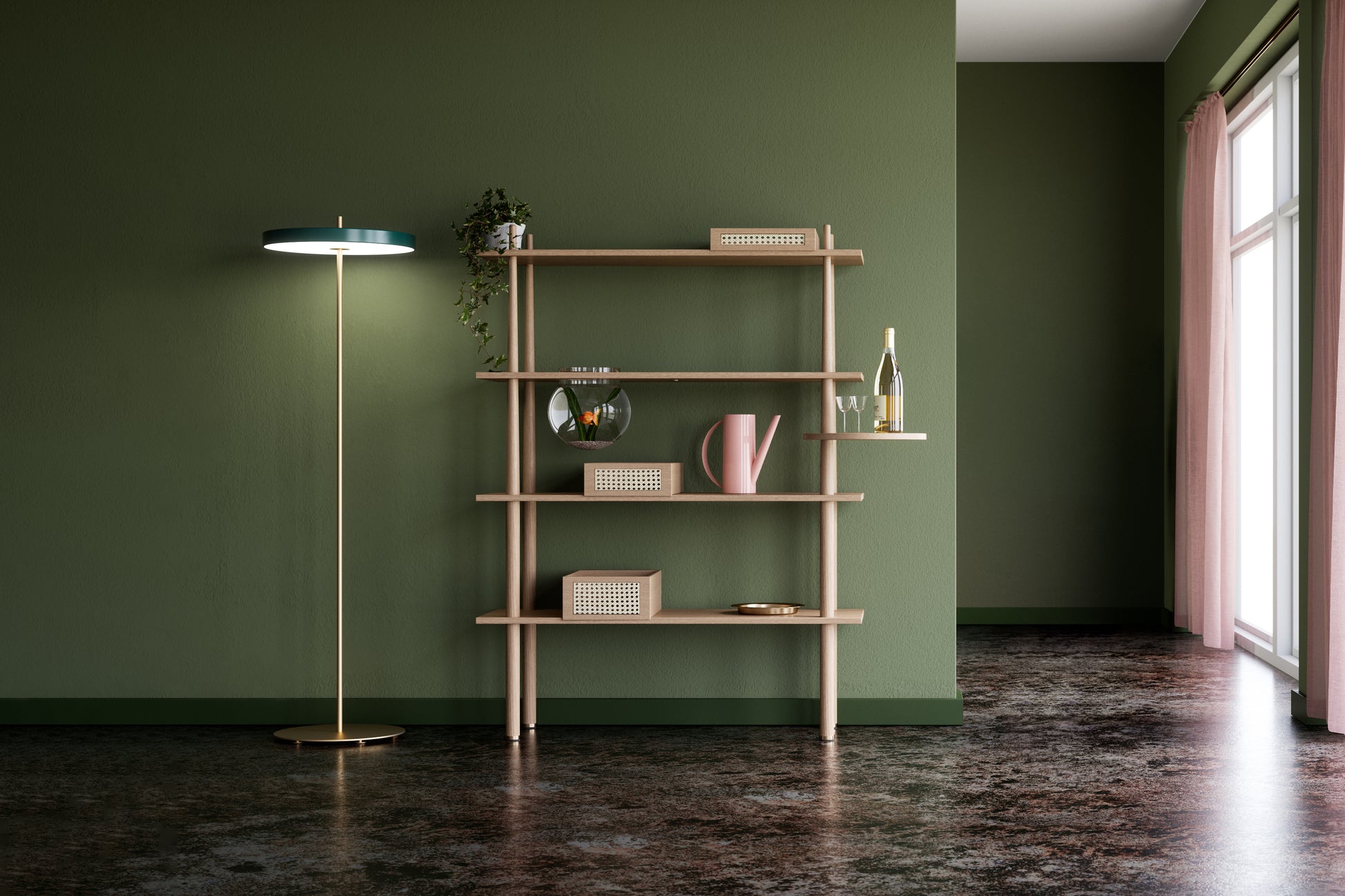 UMAGE Asteria LED Floor Lamp in Forest Green — styled interior view