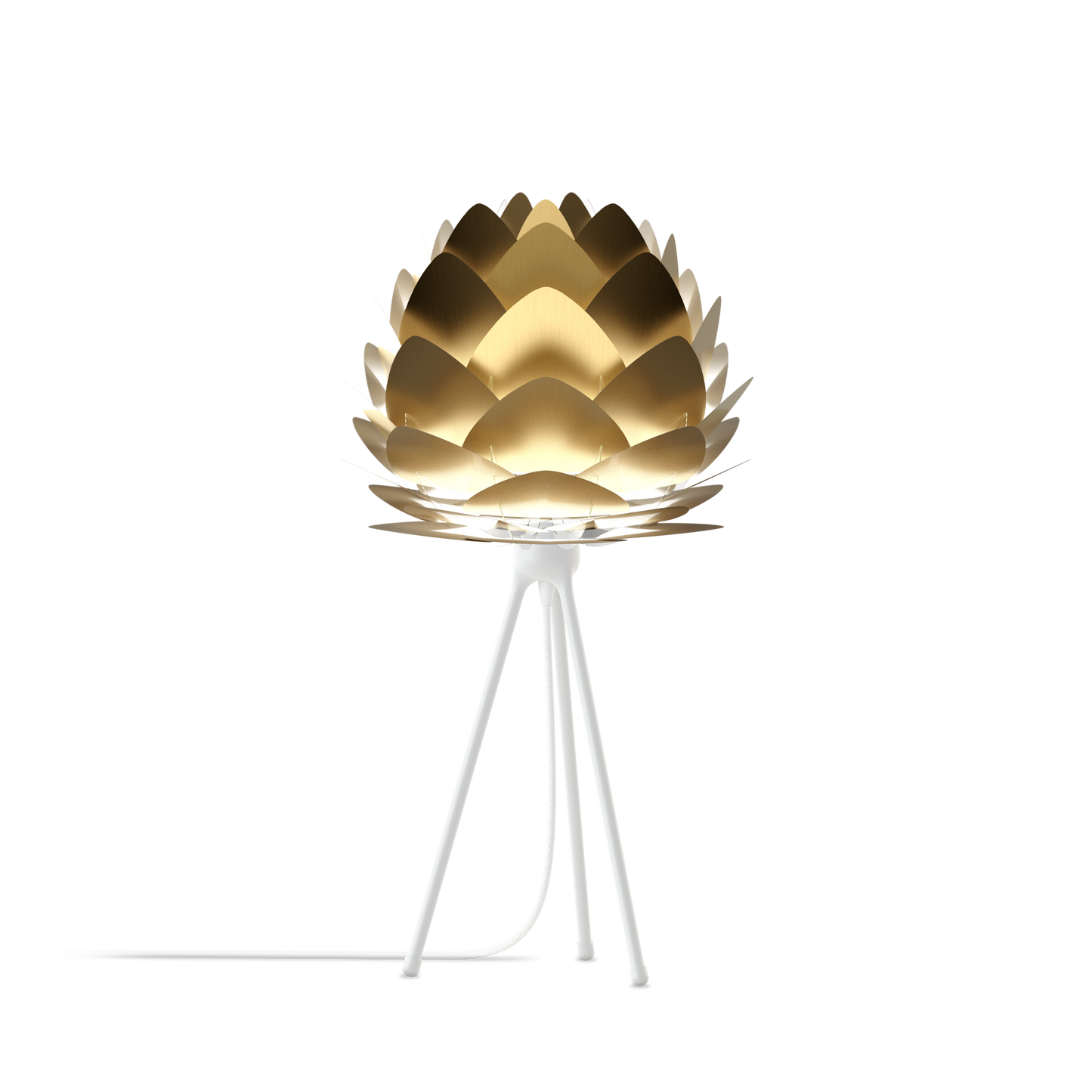 UMAGE Aluvia Tripod Table Lamp in Brushed Brass with White Base