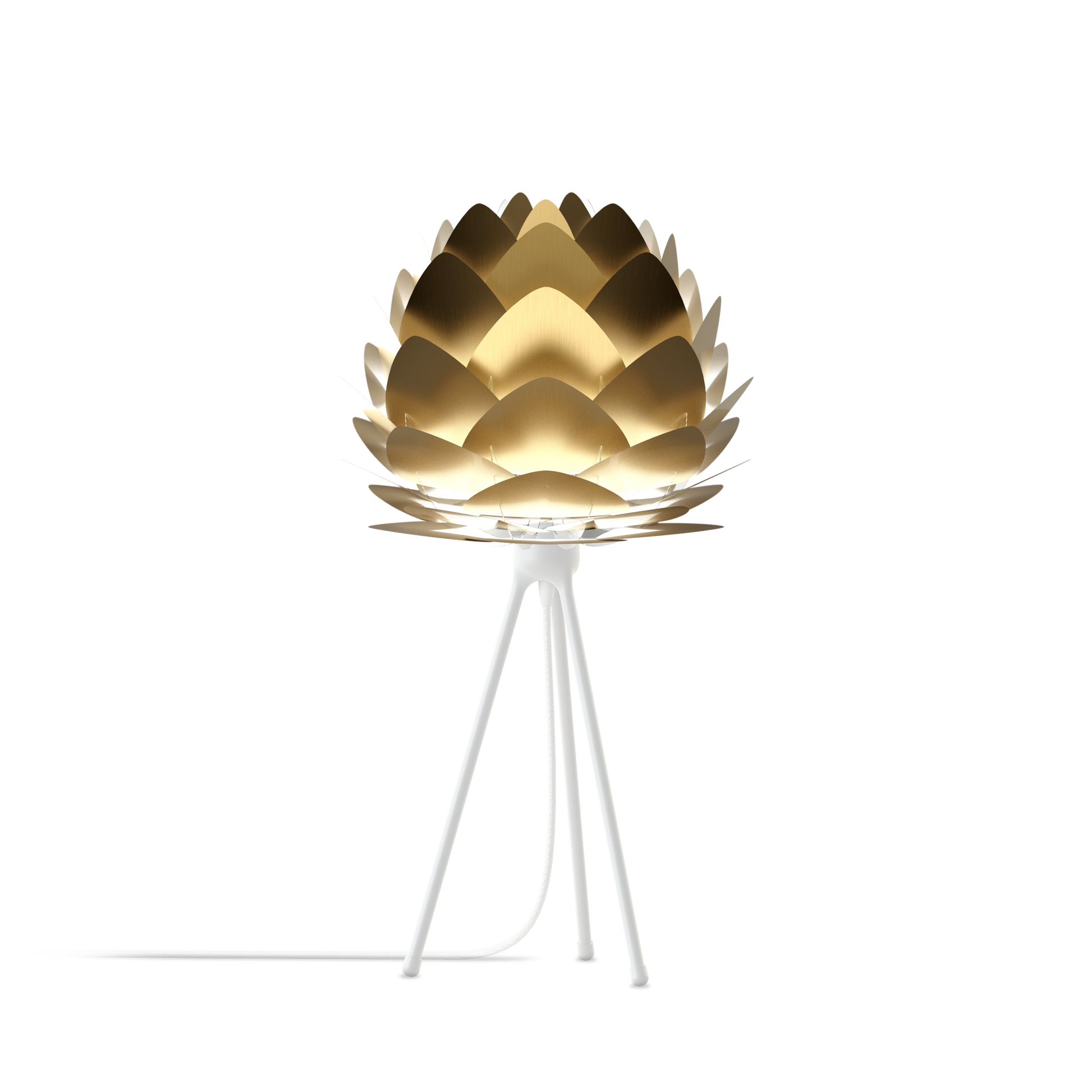 UMAGE Aluvia Tripod Table Lamp in Brushed Brass with White Base
