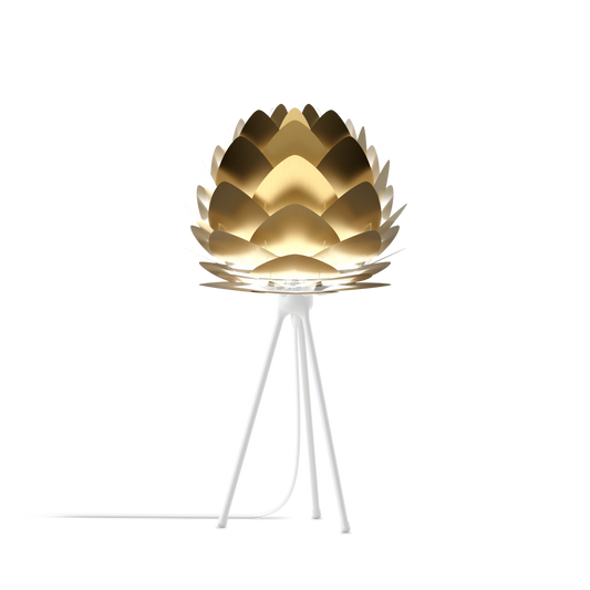 UMAGE Aluvia Tripod Table Lamp in Brushed Brass with White Base