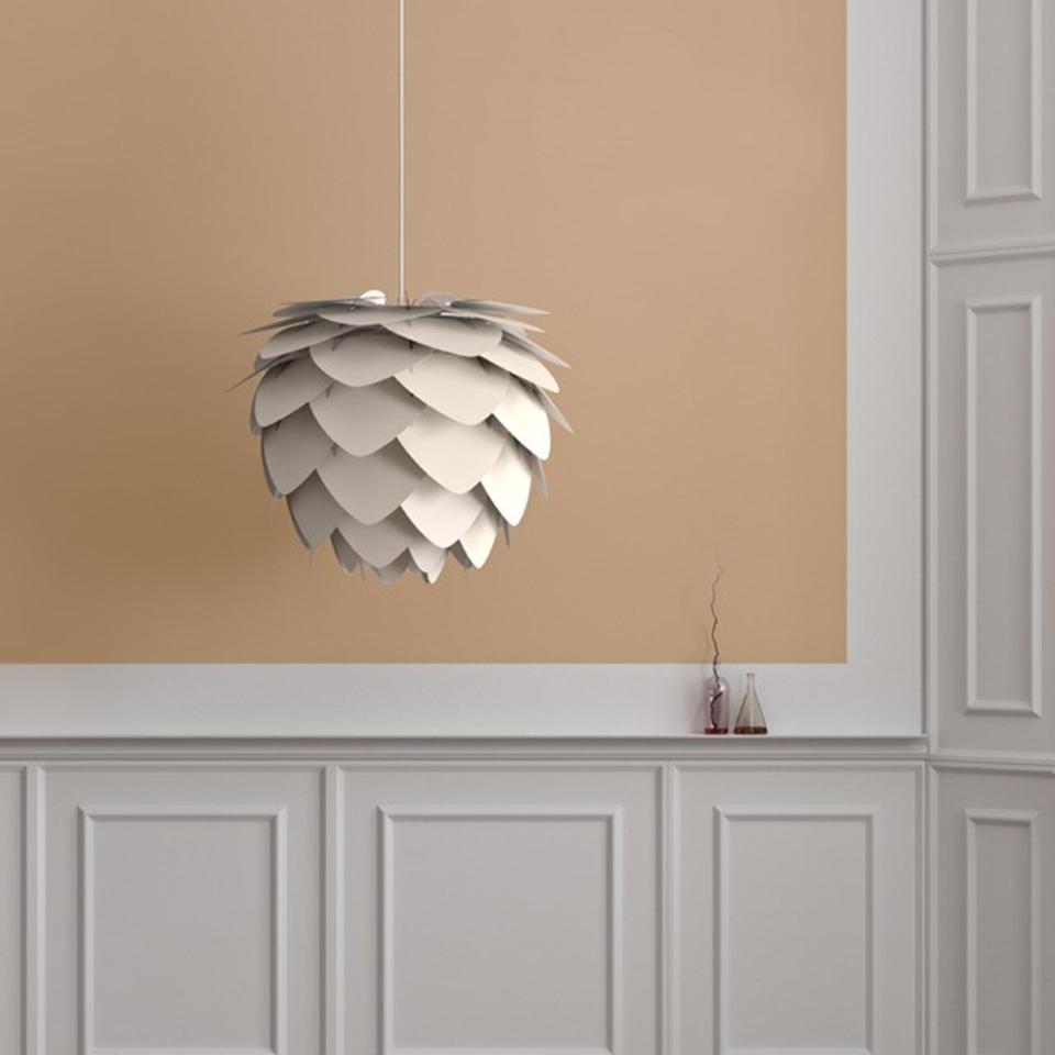 UMAGE Aluvia Medium Pearl White Replacement Shade — styled interior view 2