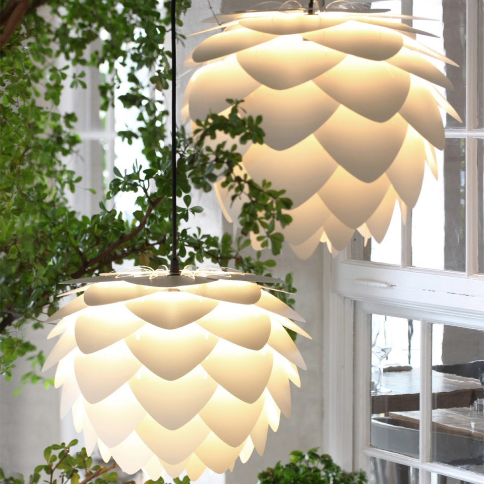 UMAGE Aluvia Medium Pearl White Replacement Shade — styled interior view 3