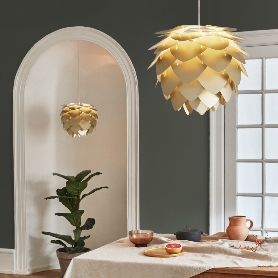 UMAGE Aluvia Medium Brushed Brass Replacement Shade — styled interior view 4