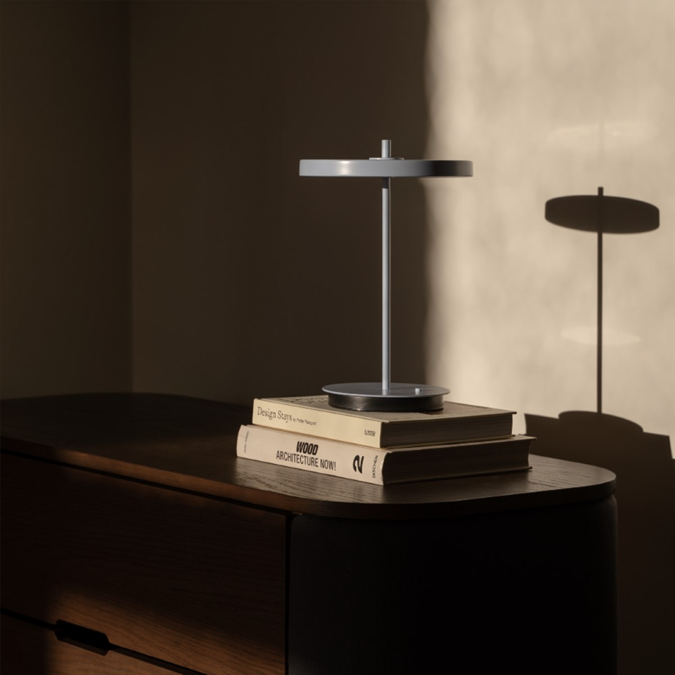 UMAGE Asteria Move Monochrome Portable Table Lamp - Pale Blue — styled interior view 2