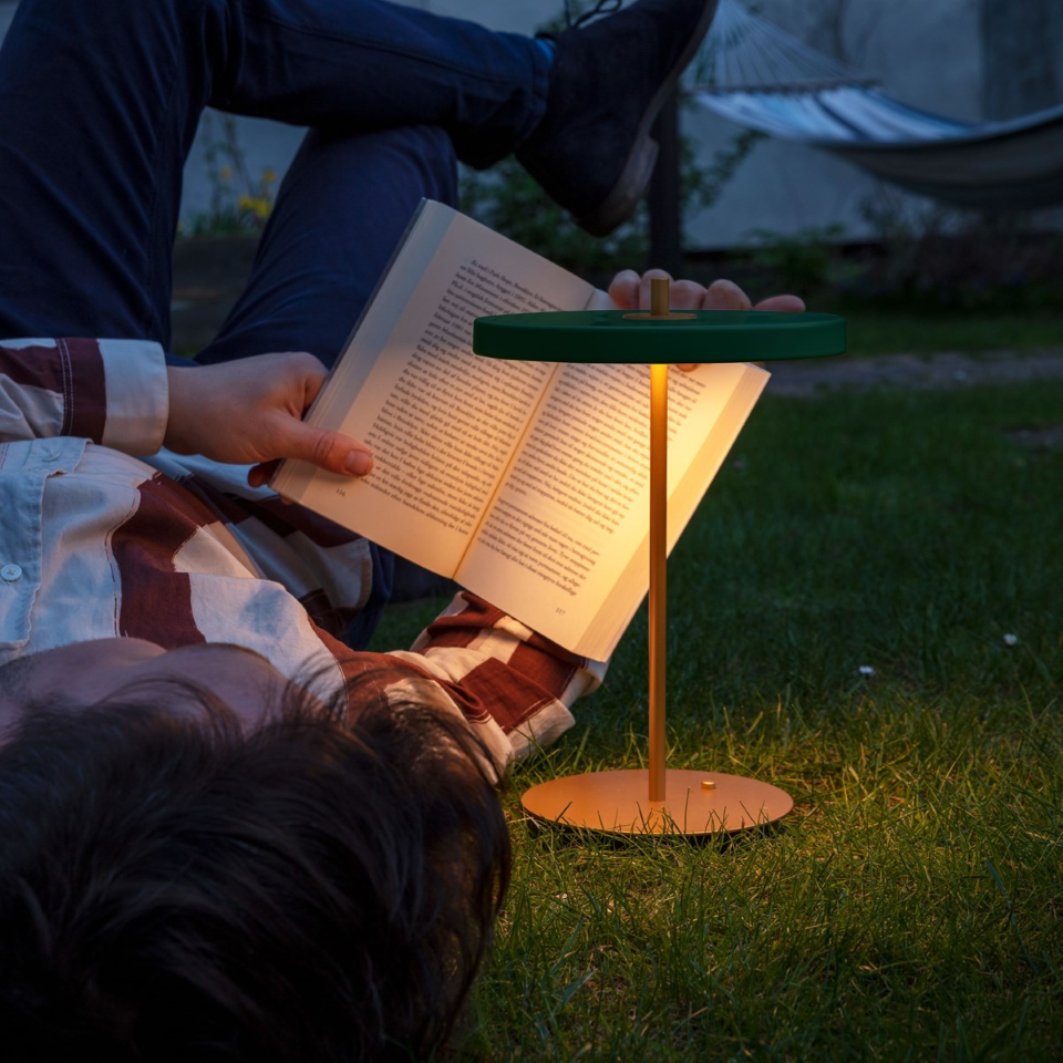 UMAGE Asteria Move LED Portable Table Lamp in Forest Green — styled interior view 17