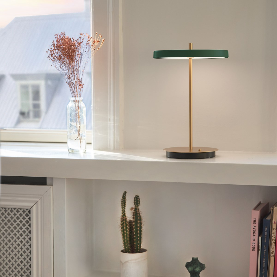 UMAGE Asteria Move LED Portable Table Lamp in Forest Green — styled interior view 9