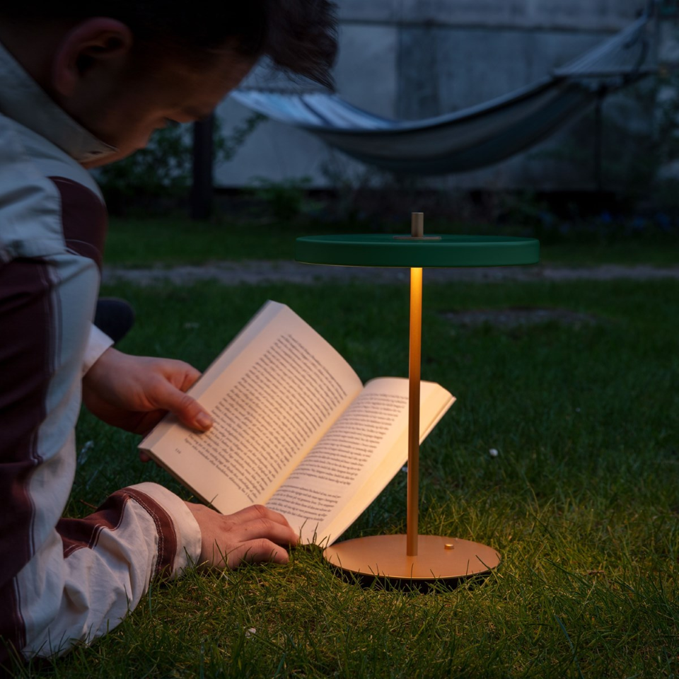 UMAGE Asteria Move LED Portable Table Lamp in Forest Green — styled interior view 15