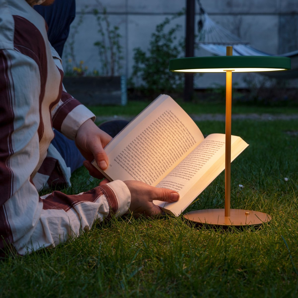 UMAGE Asteria Move LED Portable Table Lamp in Forest Green — styled interior view 16