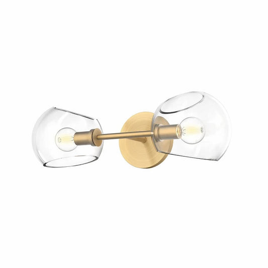 Alora Mood Willow WV548217BGCL 2-Light Vanity Light in Brushed Gold with Clear Glass Shades, Front View, Unlit