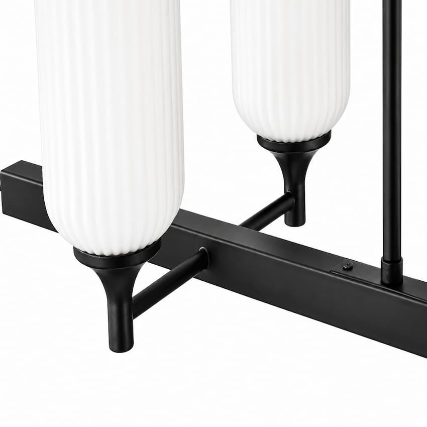 Nuvo 60-8649 Solara six-light pendant featuring steel and glass construction, matte black hardware and E26 medium-base sockets