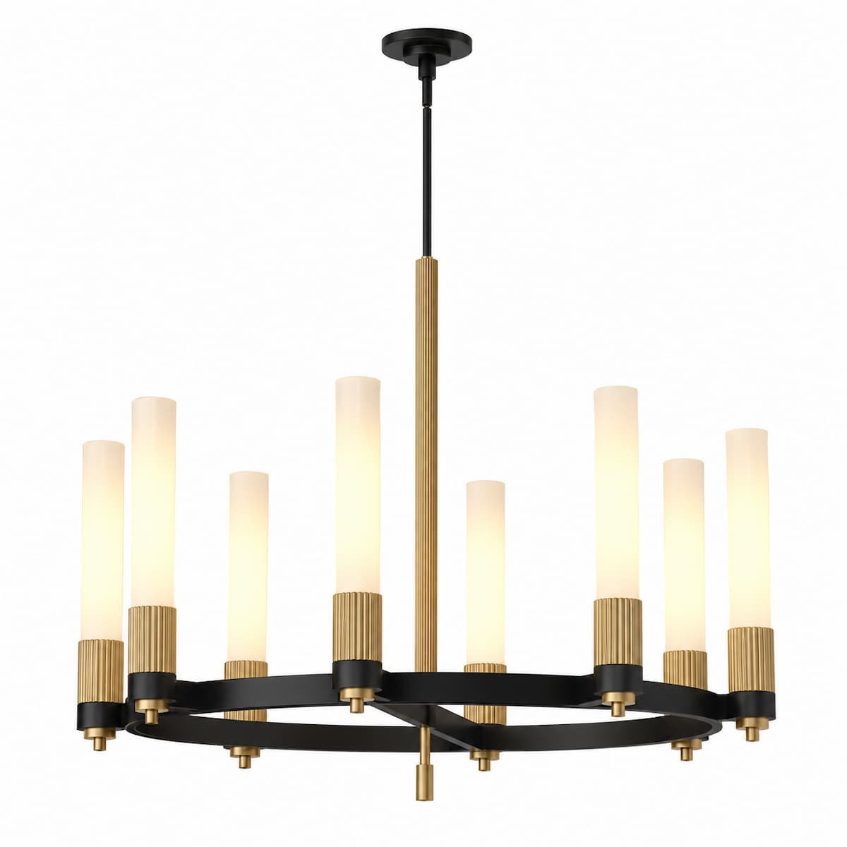 Alora Mood Rue CH416108MBBG 38-inch 8-light chandelier with Matte Black finish and steel and glass construction, unlit product view
