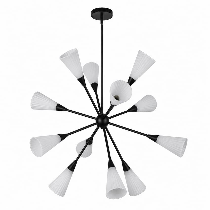 Alora Mood Cosmo CH462039MBGR 39-Inch Chandelier in Matte Black with Twelve Decorative Fluted Milk Glass Shades
