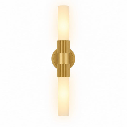 Alora Mood Rue VL416102BG 2-Light Vanity Light in Brushed Gold with Glossy Opal Glass Shades, Front View, Unlit