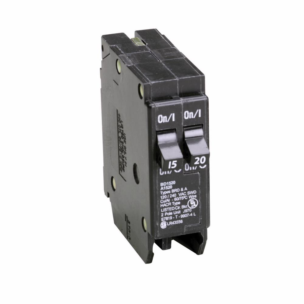 Eaton 15A/20A 1P 120V Type BD Tandem Circuit Breaker, 10 kAIC, Plug-On, Thermal Magnetic Trip, UL 489, for BR Load Centers