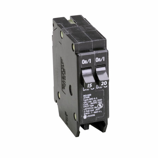 Eaton 15A/20A 1P 120V Type BD Tandem Circuit Breaker, 10 kAIC, Plug-On, Thermal Magnetic Trip, UL 489, for BR Load Centers