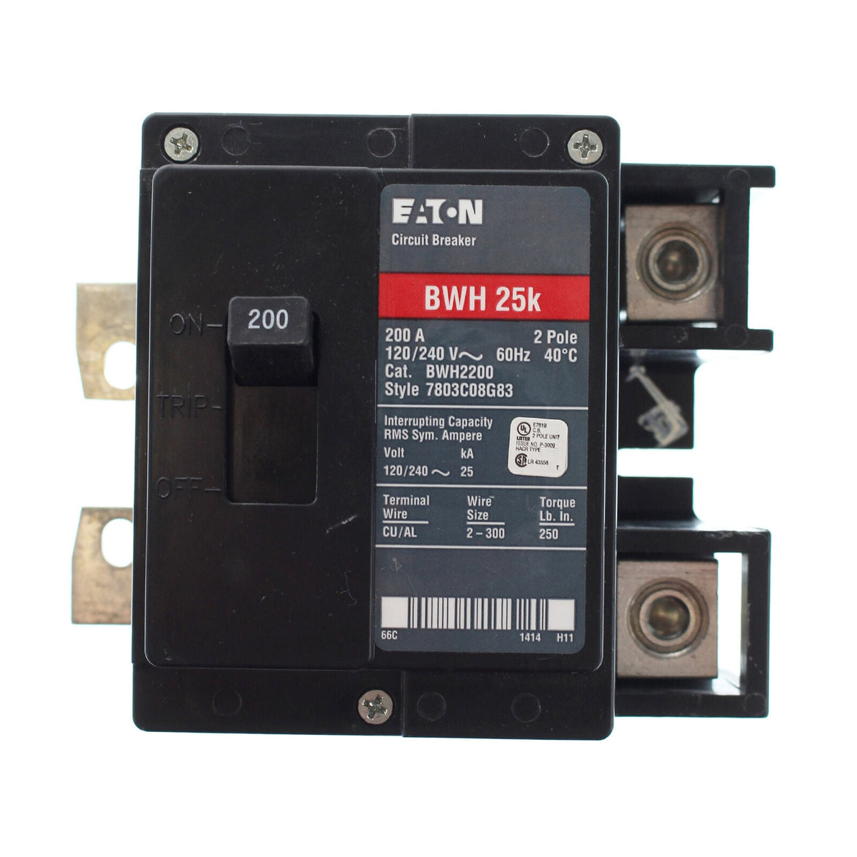 Cutler Hammer 150 Amp 2 Pole 120/240V Bolt-On Molded Case Circuit Breaker, BWH Series, Thermal Magnetic Trip, 25 kAIC, UL 489