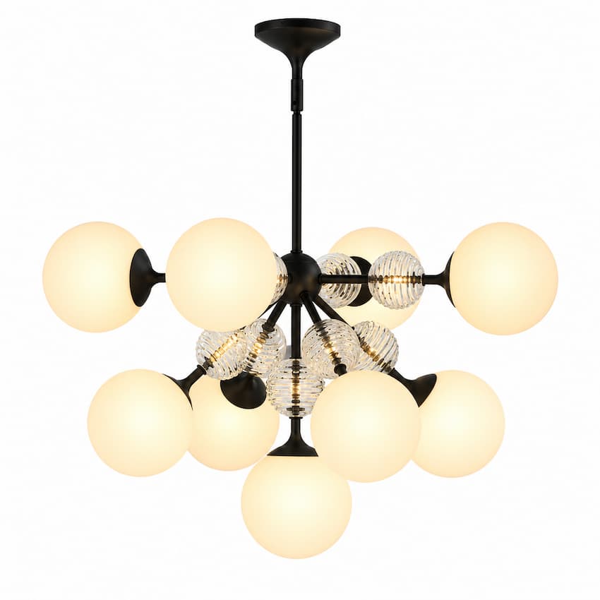 Alora Mood Celia CH415331MBOP 31-Inch 9-Light Chandelier in Matte Black with Matte Opal and Clear Ribbed Glass