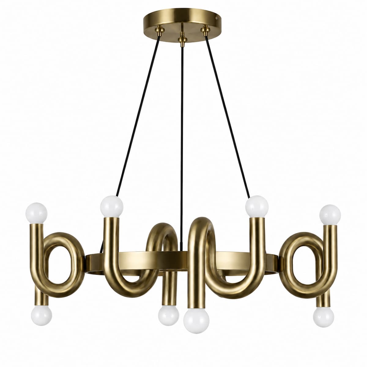 Alora Mood Sadie CH420823BG 8-light chandelier featuring Brushed Gold aluminum and steel construction with sculptural curved arms, illuminated view
