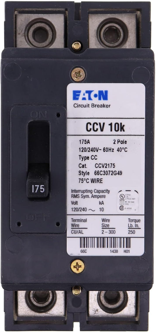 Cutler Hammer 175 Amp 2 Pole 120/240VAC CCV Series Molded Case Circuit Breaker, 10kAIC, Thermal Magnetic Trip, Feed-Thru Mounting, UL Listed