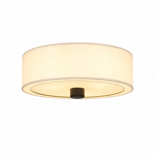 Alora Mood Theo FM547924MBWL flush mount ceiling light with white linen drum shade and matte black finish illuminated