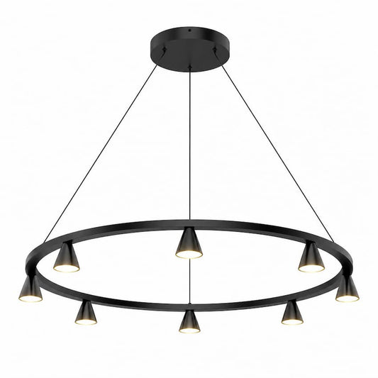 Kuzco Dune CH19933-BN-UNV 33-inch LED chandelier with brushed nickel finish and geometric aluminum cone shades