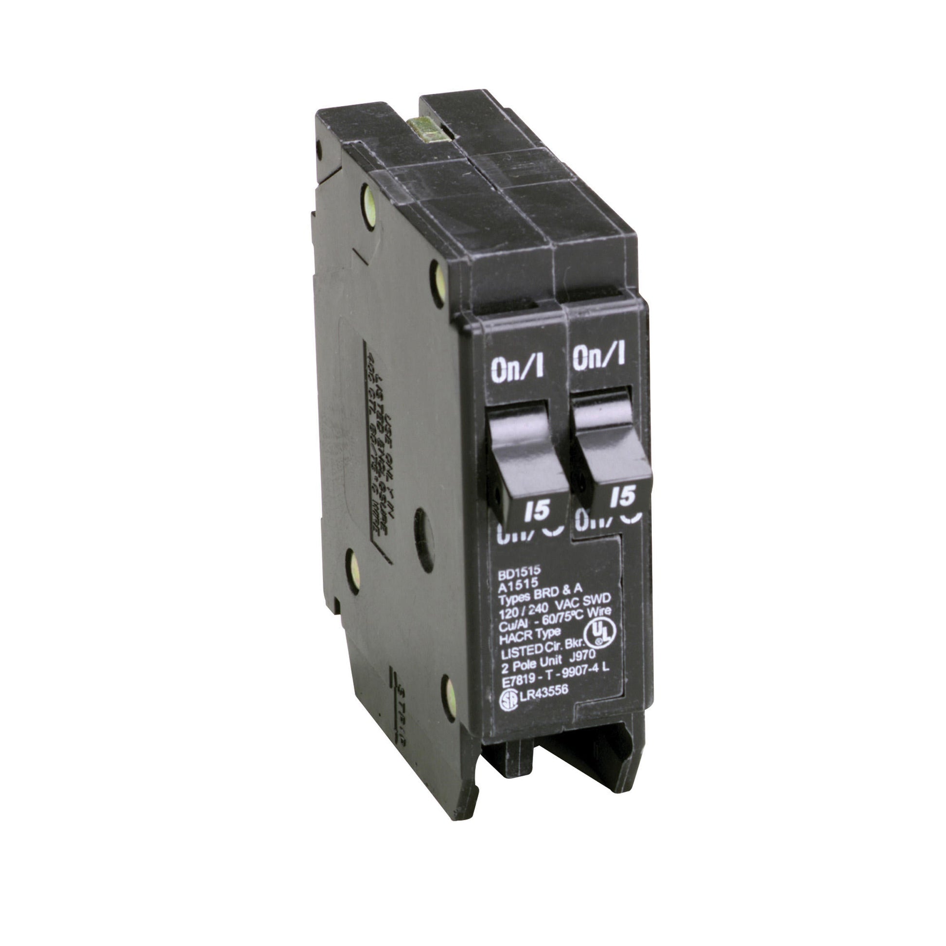 Eaton 15A 120V Single Pole Type BD 1-Inch CTL Plug-On Circuit Breaker, 10 kAIC, BR Series, Thermal Magnetic Trip, UL 489