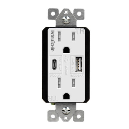 Enerlites USB Tr Receptacle 1A1C 5.8A 15A 125V 5-15R White (Light Almond/Black Covers Incl.) 61501-TR2USB-1A1C-W
