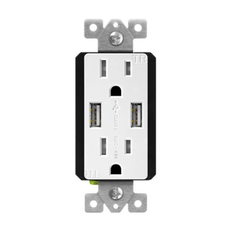 Enerlites USB Tr Receptacle 2A 4.8A 15A 125V 5-15R White (Light Almond/Black Covers Incl.) 61501-TR2USB-CC-W