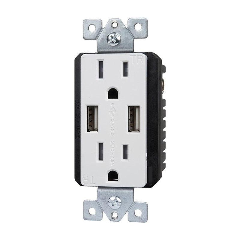 Enerlites USB Tr Receptacle 2A 4.0A 15A 125V 5-15R White 61501-TR2USB-S-W