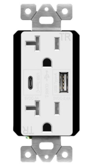 Enerlites USB Tr Receptacle 1A1C 5.8A 20A 125V 5-20R White (Light Almond/Black Covers Incl.) 62001-TR2USB-1A1C-W