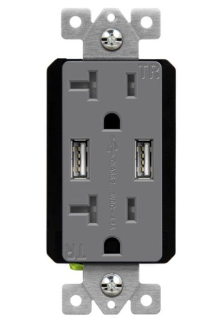 Enerlites USB Tr Receptacle 2A 4.8A 20A 125V 5-20R Gy 62001-TR2USB-CC-GY