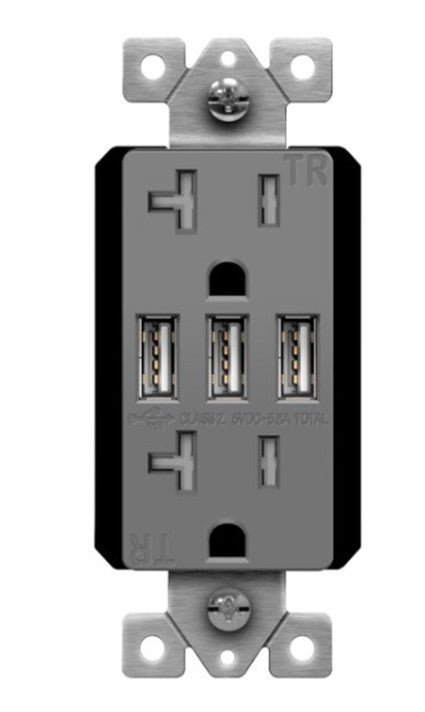 Enerlites USB Tr Receptacle 3A 5.8A 20A 125V 5-20R Gy 62001-TR3USB-CC-GY
