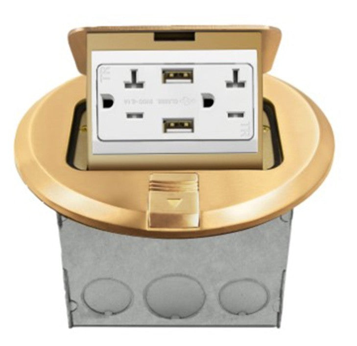 Enerlites Round Pop-Up Fb Kit With 20A USB Receptacle (2.1A) Brass 961501-C-USB