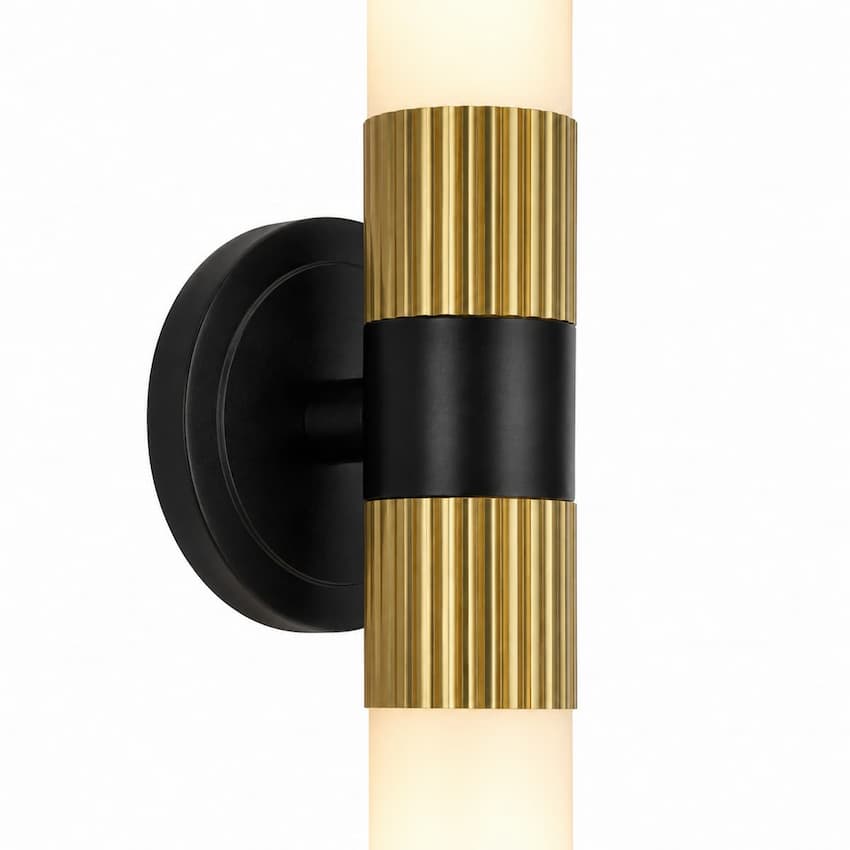 Alora Mood VL416102MBBG Rue Modern Parisian Vanity Light with Matte Black and Brushed Gold Finish, Ribbed Metal Details and Glossy Opal Glass Shades