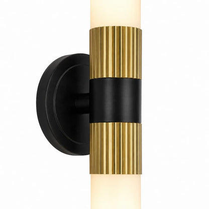 Alora Mood VL416102MBBG Rue Modern Parisian Vanity Light with Matte Black and Brushed Gold Finish, Ribbed Metal Details and Glossy Opal Glass Shades