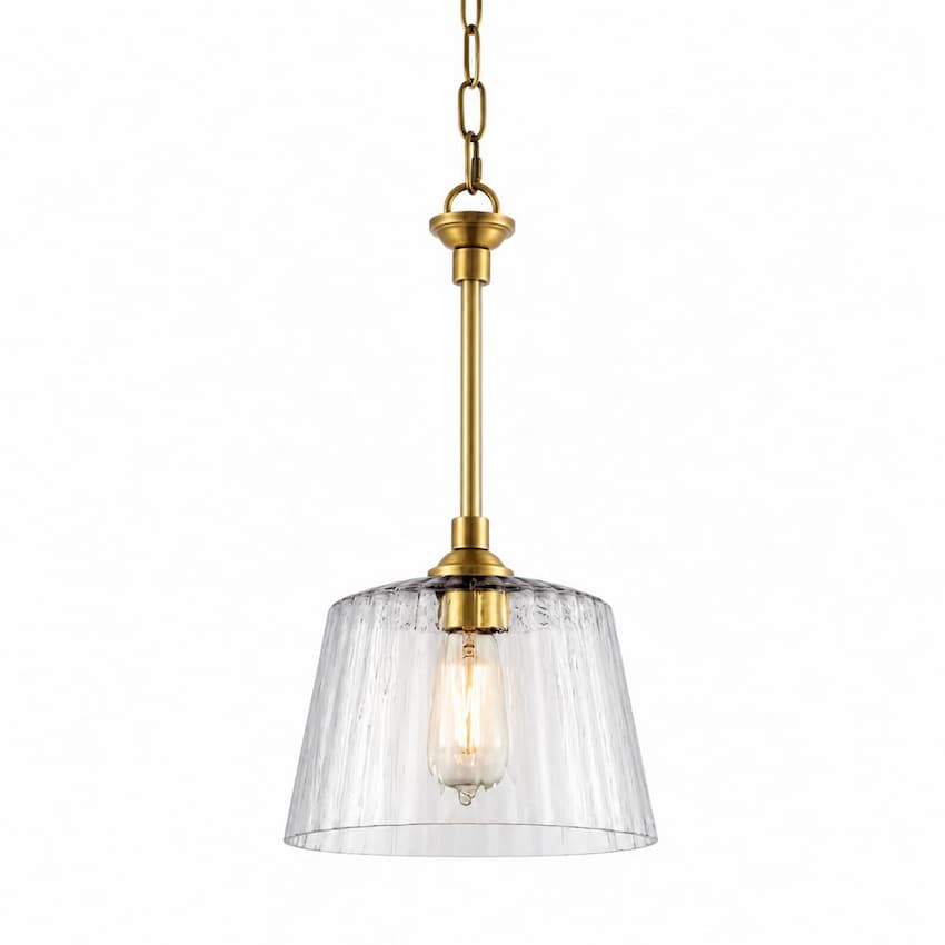 Westinghouse Aggie 6130200 indoor pendant featuring clear ribbed glass, brushed brass hardware and elegant transitional design