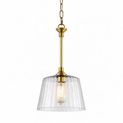 Westinghouse Aggie 6130200 indoor pendant featuring clear ribbed glass, brushed brass hardware and elegant transitional design
