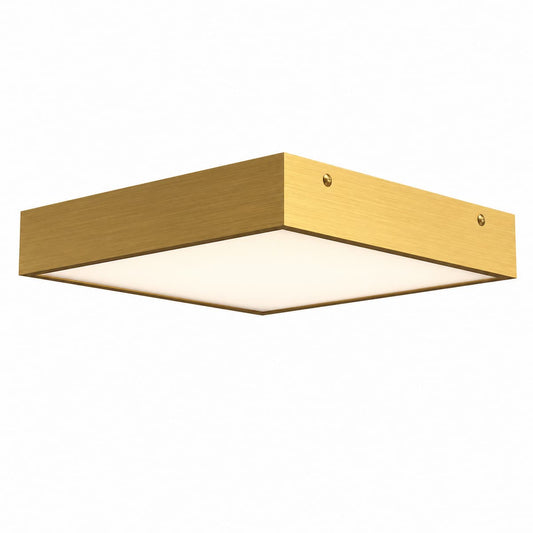 Alora Mood Sydney FM553014AG LED flush mount ceiling light illuminated with frosted glass diffuser in aged gold finish on white background