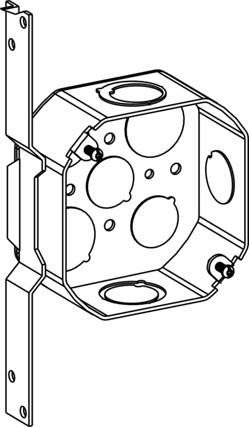 Orbit 4 in Octagon 1-1/2 in Deep 4O Octagon Steel Box 1/2 in and 3/4 in Mixed Knockouts FB Bracket 4RB-MKO-FB