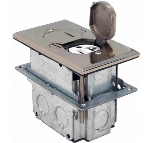 Orbit Floor Box Flip Cover with Duplex Recep(T.R.), Adjust.Box, Stainless Steel FLBDSS