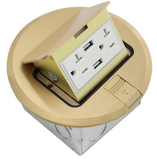 Orbit Floor Box Popup Rnd. Recept.(T.R.), USB 5 VDC 2.1 A, Brass FLBPUDURBR