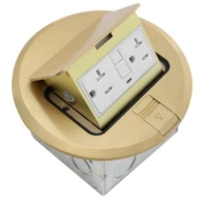 Orbit Floor Box Popup Round with Cooper GFCI Recept., Brass FLBPUGRBR