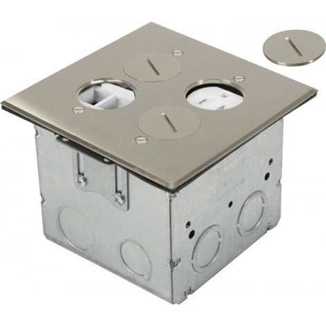 Orbit Floor Box Rnd Plug Type, (Sqr. Plt)Wrecept.(T.R.) and (Kjh 4 P), Stainless Steel FLBR2GDLSS